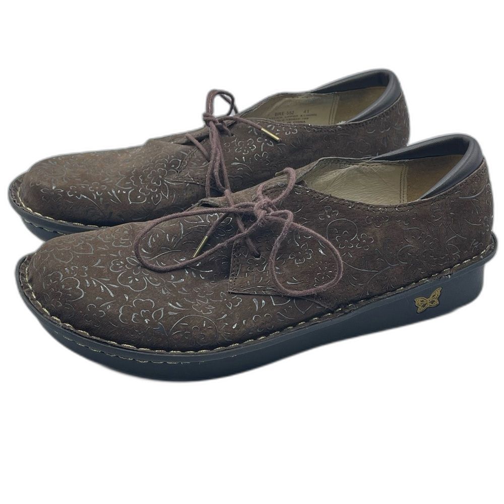 Alegria BRE-552 Choco Sprigs Brown Floral Lace Up Comfort Oxford Shoes 41 10.5